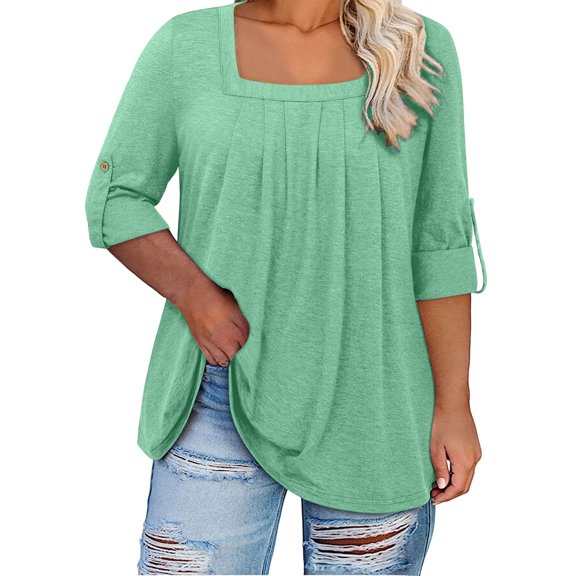 RYRJJ Plus Size Tops for Women 3/4 Rolled Sleeve Tunics Pleated Front Square Neck T-Shirts Dressy Casual Loose Fit Blouses