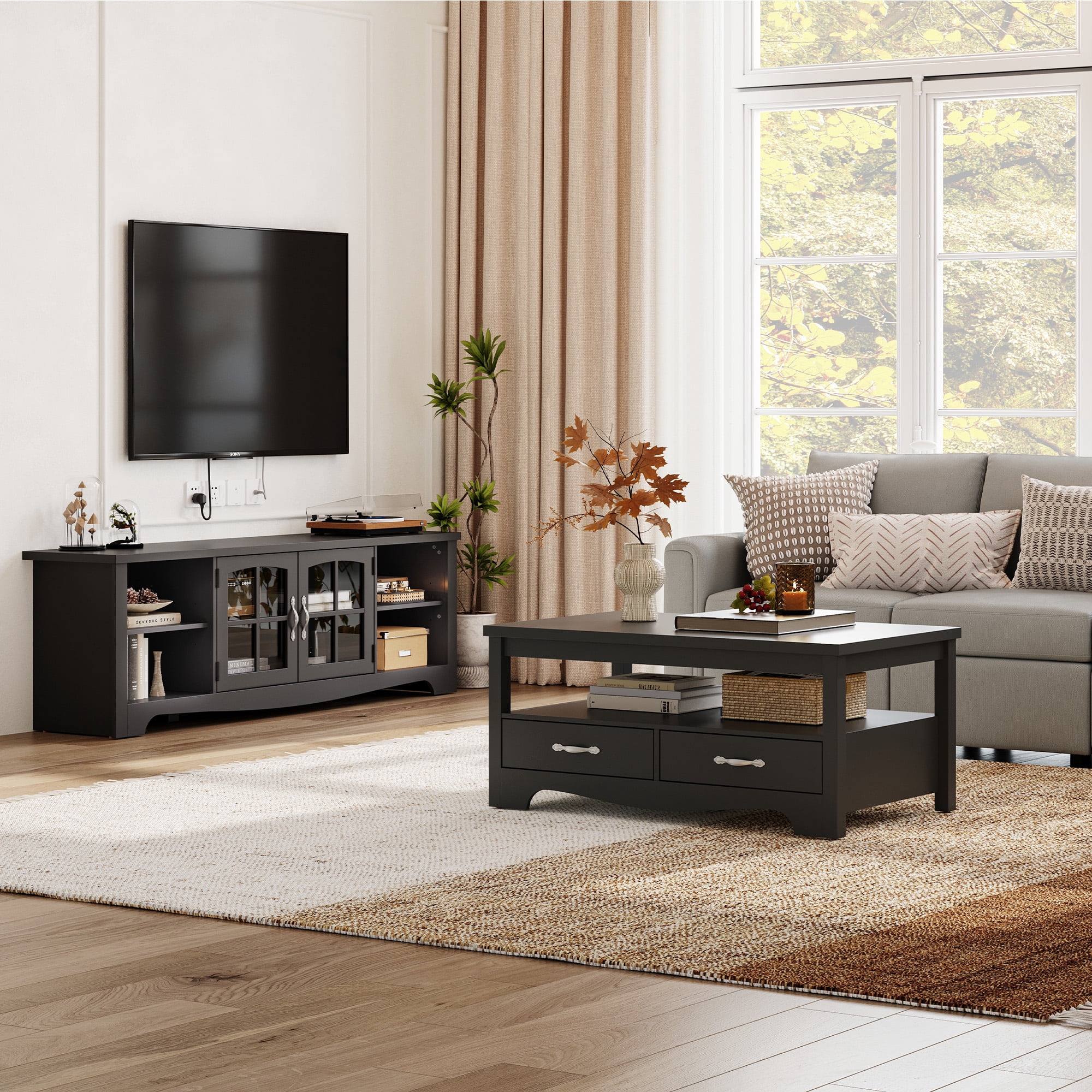 LINSY HOME Modern Farmhouse TV Stand for TVs up to 75", Home Entertainment Center with Storage Cabinet and Adjustable Shelves, Black