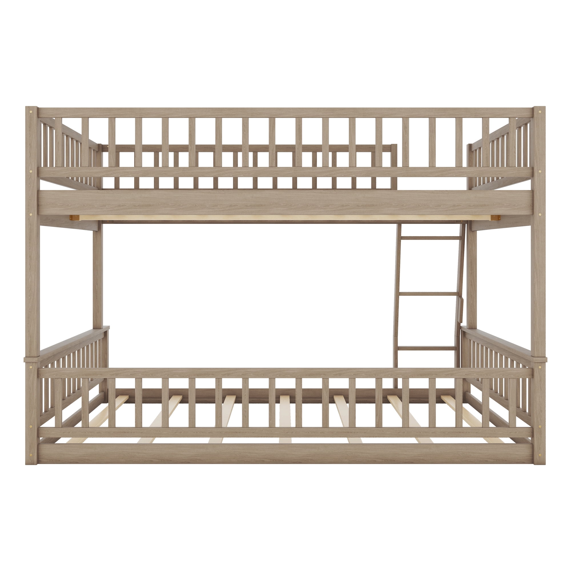 Full XL Over Queen Bunk Bed for Kids Adults, Queen Size Floor Bunk Beds with Inclined Ladder, Solid Wood Low Bunk Bed,Detachable Bunk Beds for Teens,Girls,Boys