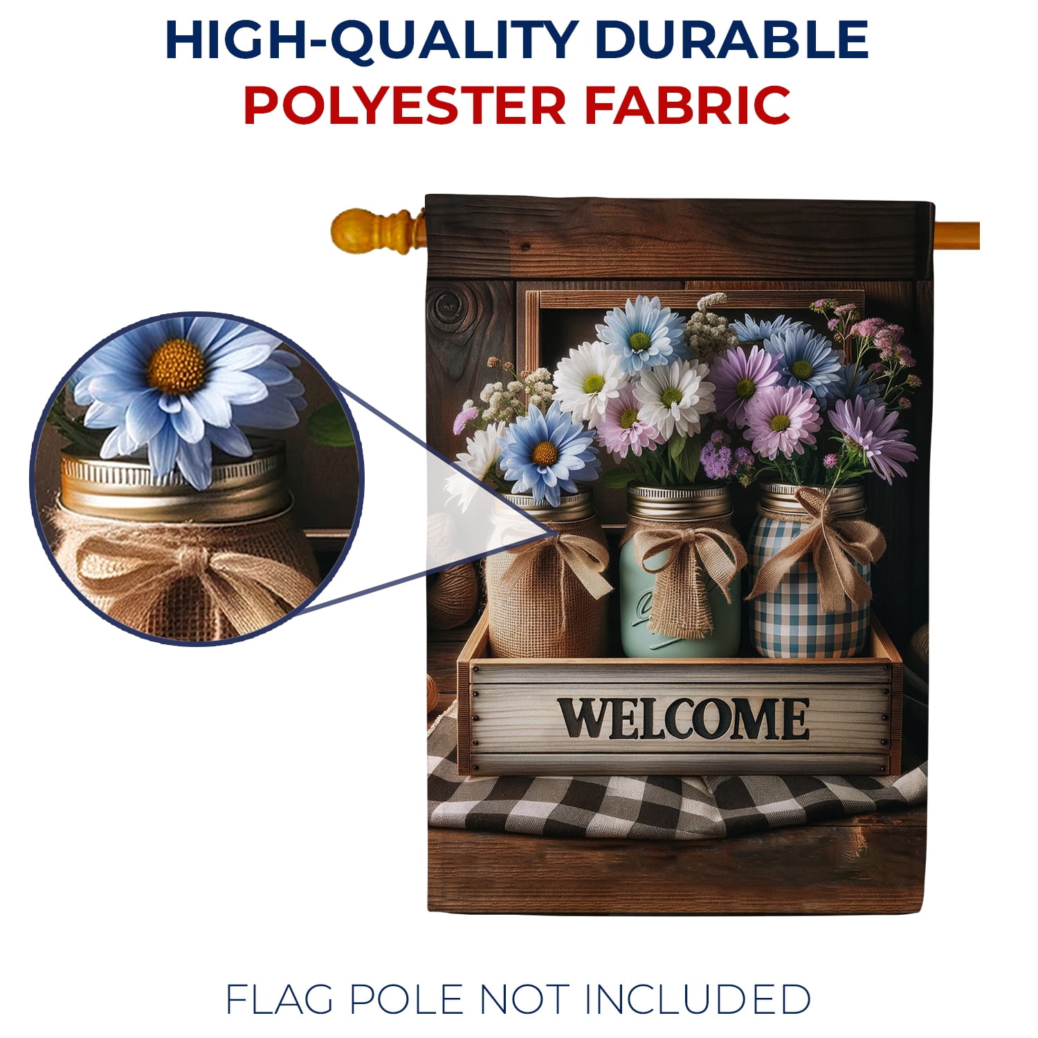 America Forever Welcome Spring Floral Mason Jar House Flag, 28x40 inch Double Sided, Daisy Flower Spring Yard Decoration, Seasonal Holiday Decorations for Outside