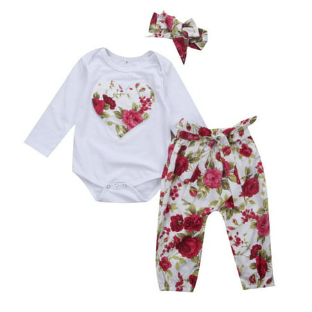3PCS Toddler Baby Girl Floral Clothes Romper Jumpsuit Bodysuit Long Pants Outfit 0-6 Months