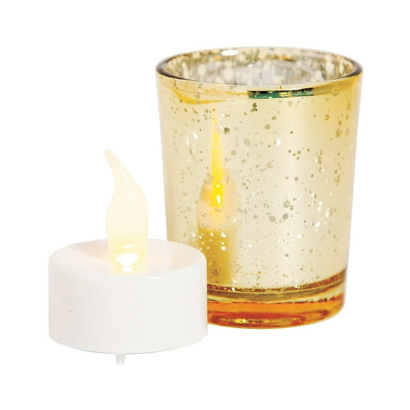 Gold Mercury Glass Votive Candle Holders with Battery-Operated Candles, Wedding, 24 Pieces