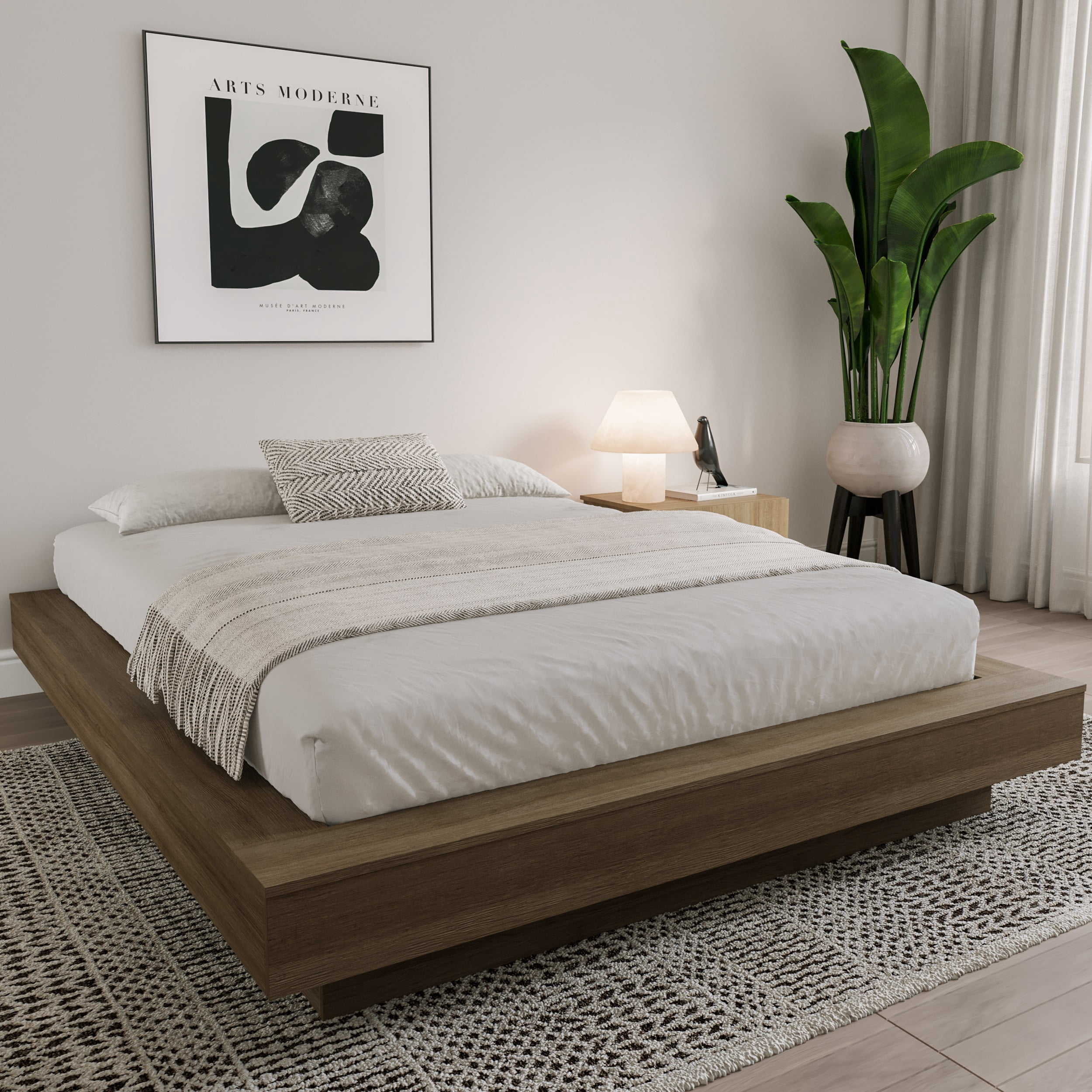 Nexera Marconi Queen Size Platform Wood Bed Frame, Brown Oak