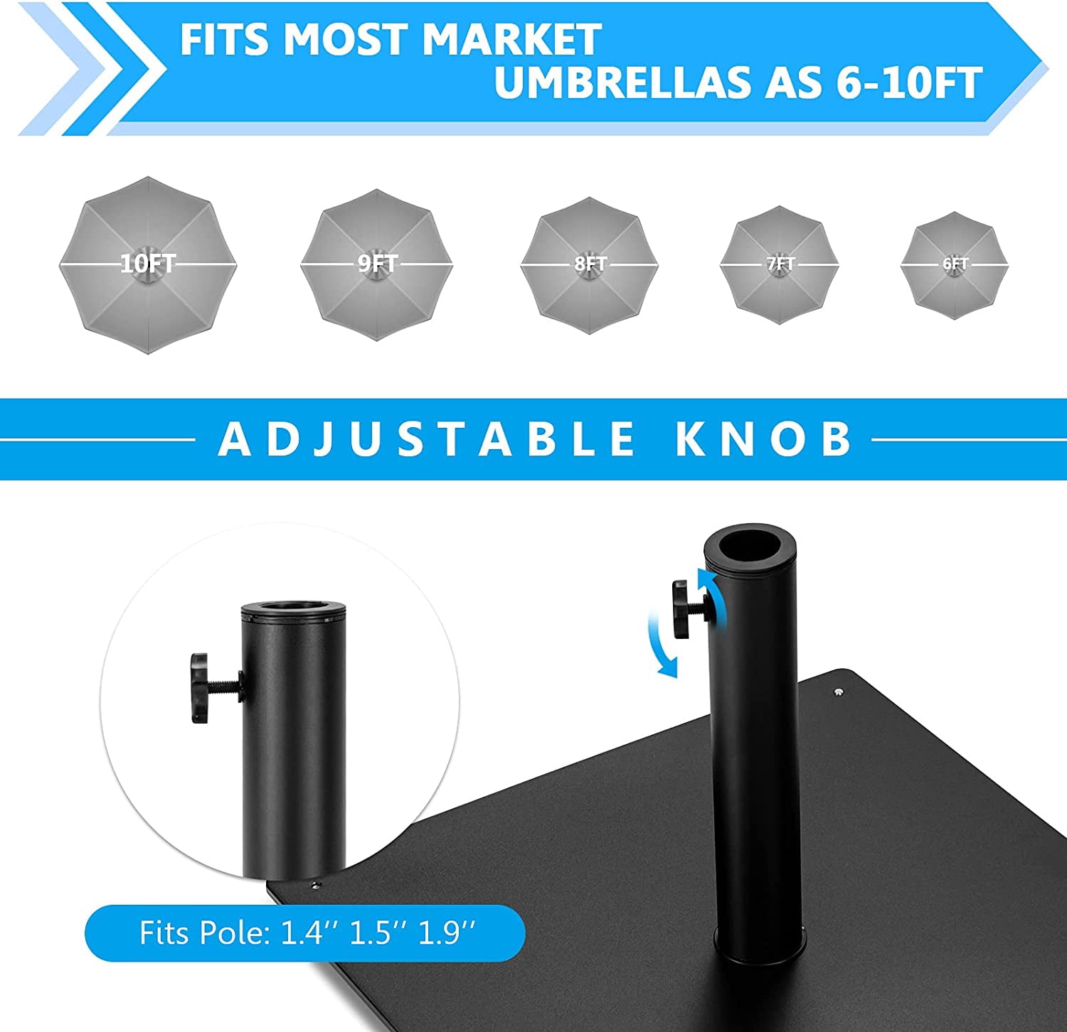 WBTER 36LBS Square Umbrella Base, Heavy Duty Patio Umbrella Base Stand with 3 Adapters, 20”x20” Weighted Outdoor Umbrella Stand with Adjustable Foot, Suitable for Backyard, Deck, Poolside