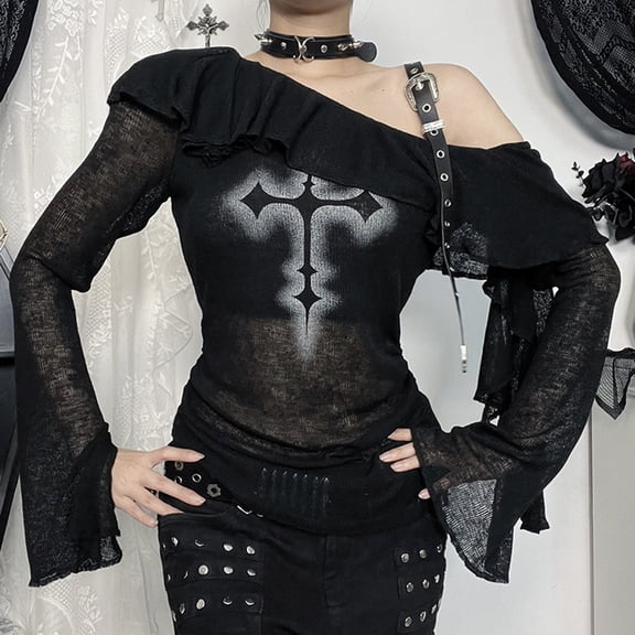 Off Shoulder Tops for Women Gothic Cross Print Long Sleeve Y2K Summer Tees Boat Neck Basic Casual Button Up Shirts