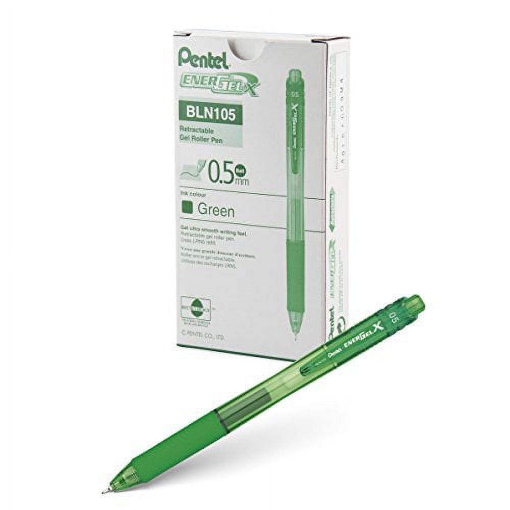 Pentel Stylo Gel Liquide Rétractable 0.5mm EnerGel-X avec Pointe d'Aiguille et Encre Verte, Boîte de 12 (BLN105-D)