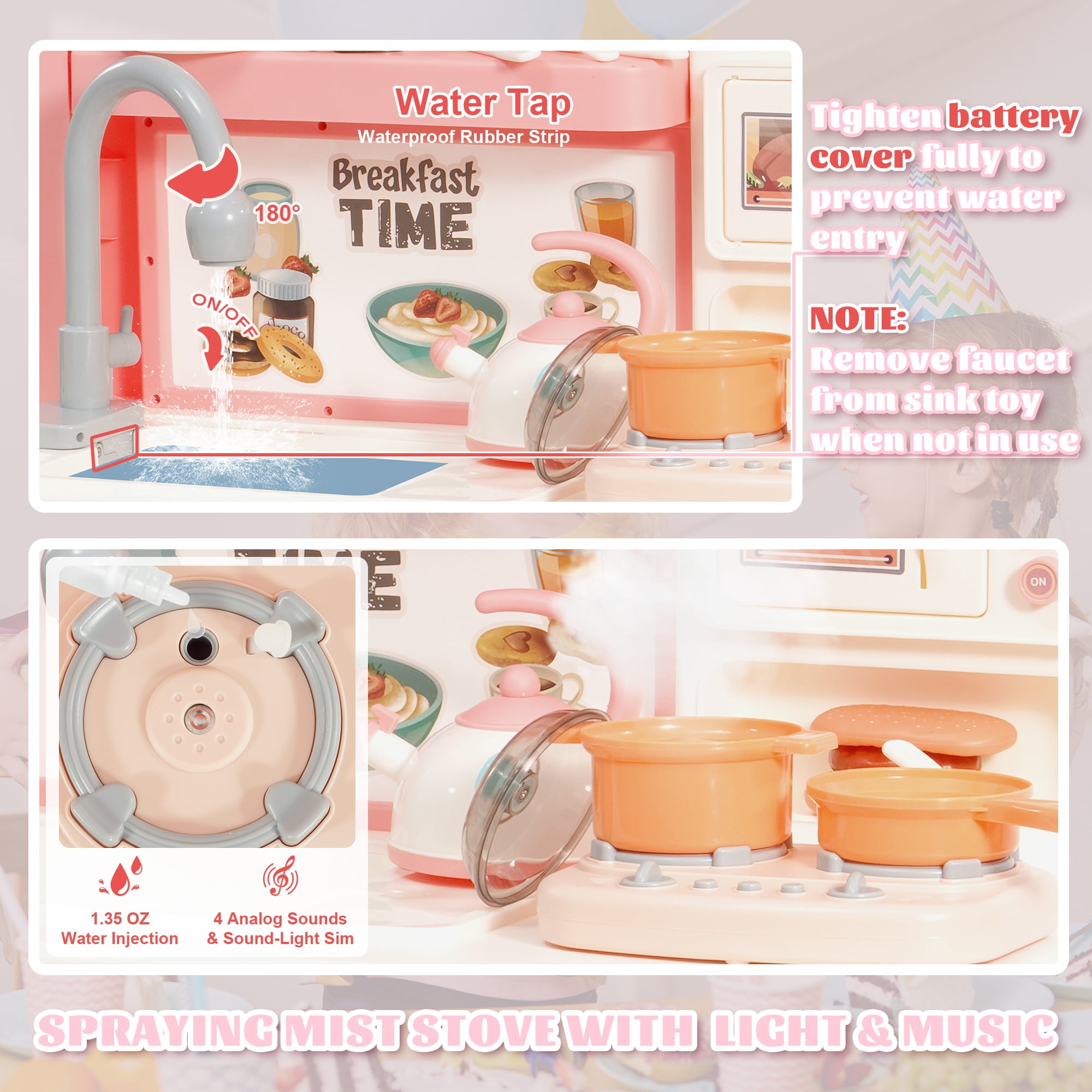 Signature Fitness 49-Piece Toddler Kitchen Playset，Pretend Food，with Stove, Sink, and Accessories, Interactive Lights & Sounds, Ideal for Ages 3+