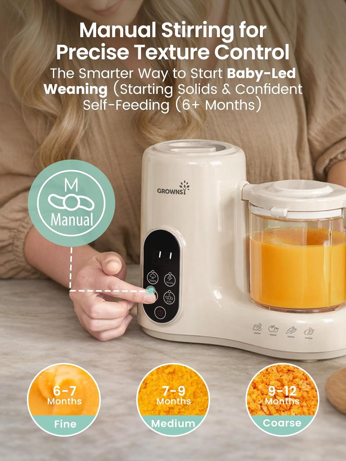Grownsy Baby Food Maker with Dual-Layer Steam Basket | Baby Food Processor for Starting Solids & Babies 6+ Months | Steamer Blender & Puree Machine for Healthy Homemade Baby Food, BPA-Free,Cream