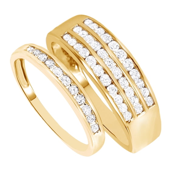 AFFY White Natural Diamond His And Hers Wedding Band Set in 14K Yellow Gold (0.88 Cttw)