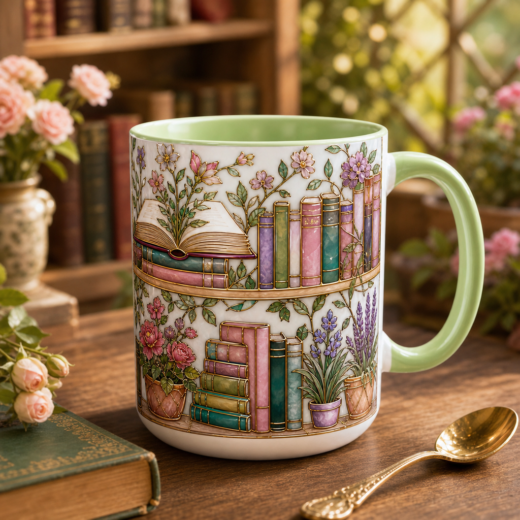 Mug Floral Bookshelf Ceramic Coffee Cup for Book Lovers