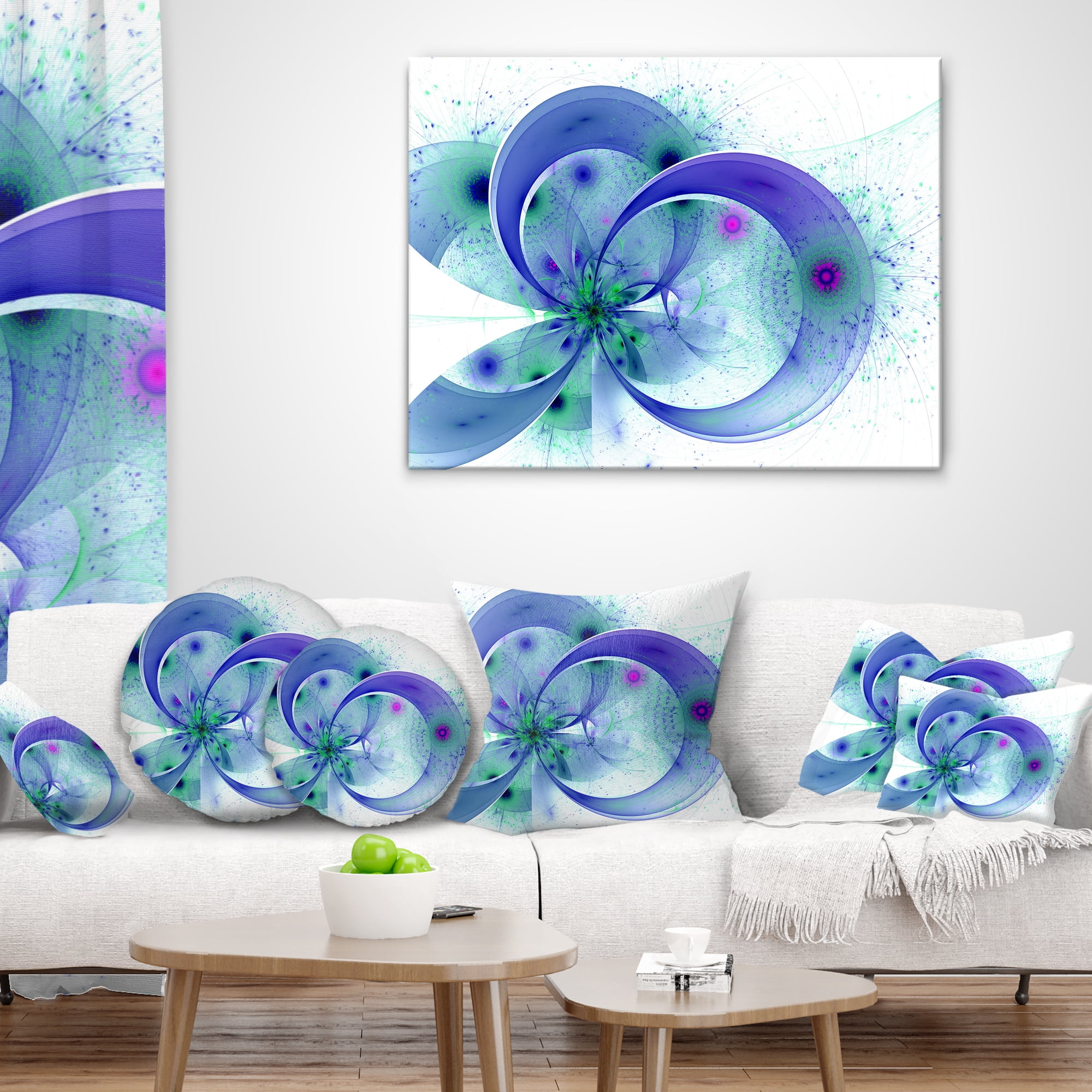Designart Blue Fractal Flower with Curved Petals - Floral Throw Pillow - 12x20