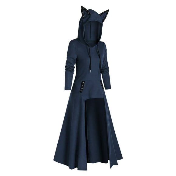 Womens Cat Ears Hooded Plus Size Vintage Cloak High Low Sweatshirt Drawstring Tunic Hoodies