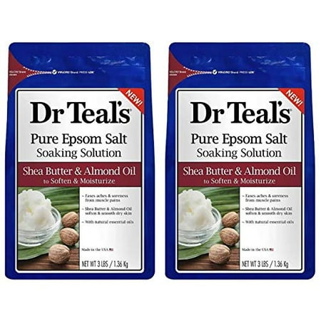 Dr. Teal's Epsom Salt Shea Butter Almond Oil Bath Soaking Solution with Essential Oils - Pack of 2, 3 lb Resealable Bags - Soften and Moisturize Your Skin, Relieve Stress and Sore