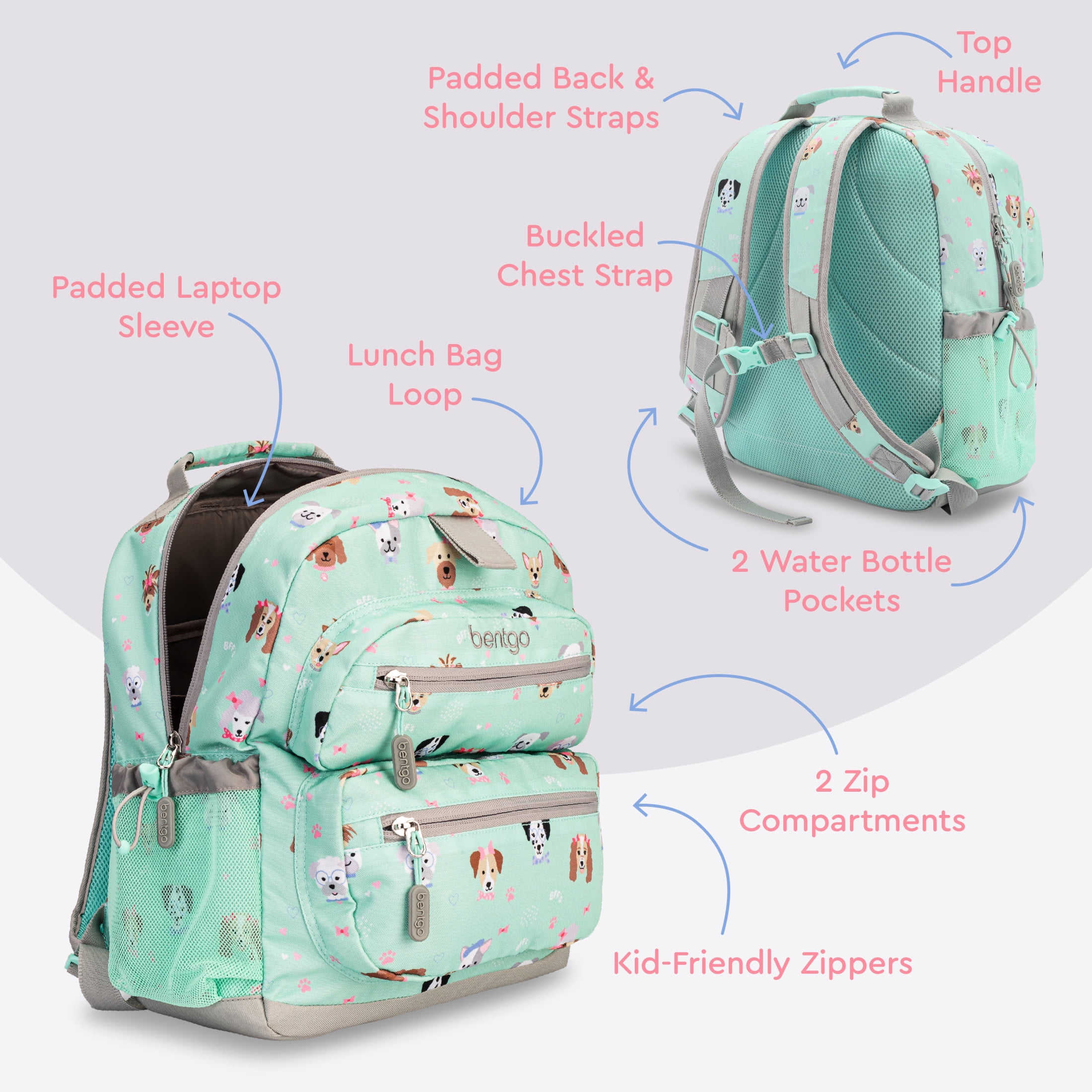 Bentgo Kids Backpack - Lightweight 14” Backpack in Unique Prints for School, Travel, & Daycare - Roomy Interior, Durable & Water-Resistant Fabric, & Loop for Lunch Bag (Puppy Love)