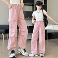 thumbnail image 2 of WhouRiu Girls Casual Cargo Pants With Pockets Solid Color Elastic Waist Loose Straight Leg Trousers Kids Comfortable Cute Everyday Wear,11-12 Years, 2 of 6