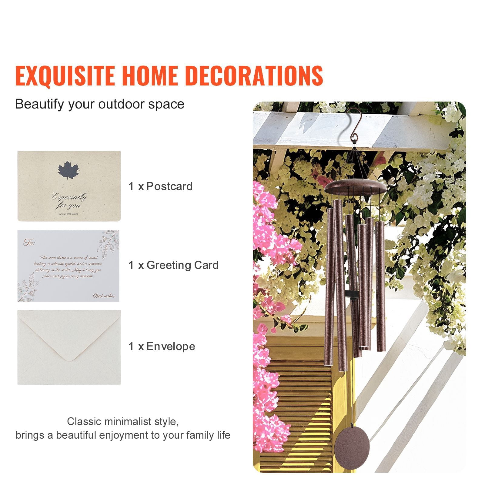 45 Inch Bronze Wind Chimes Deep Tone D Major 6 Aluminum Tubes for Garden Patio Porch Decor Gift