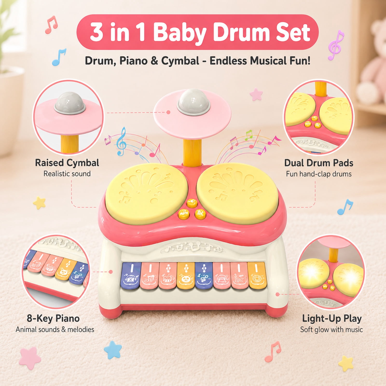 Musical Drum and Piano Toy for Toddlers, Light-Up Dual Drum Set with 8-Key Keyboard, Early Learning Rhythm Toy, Pink