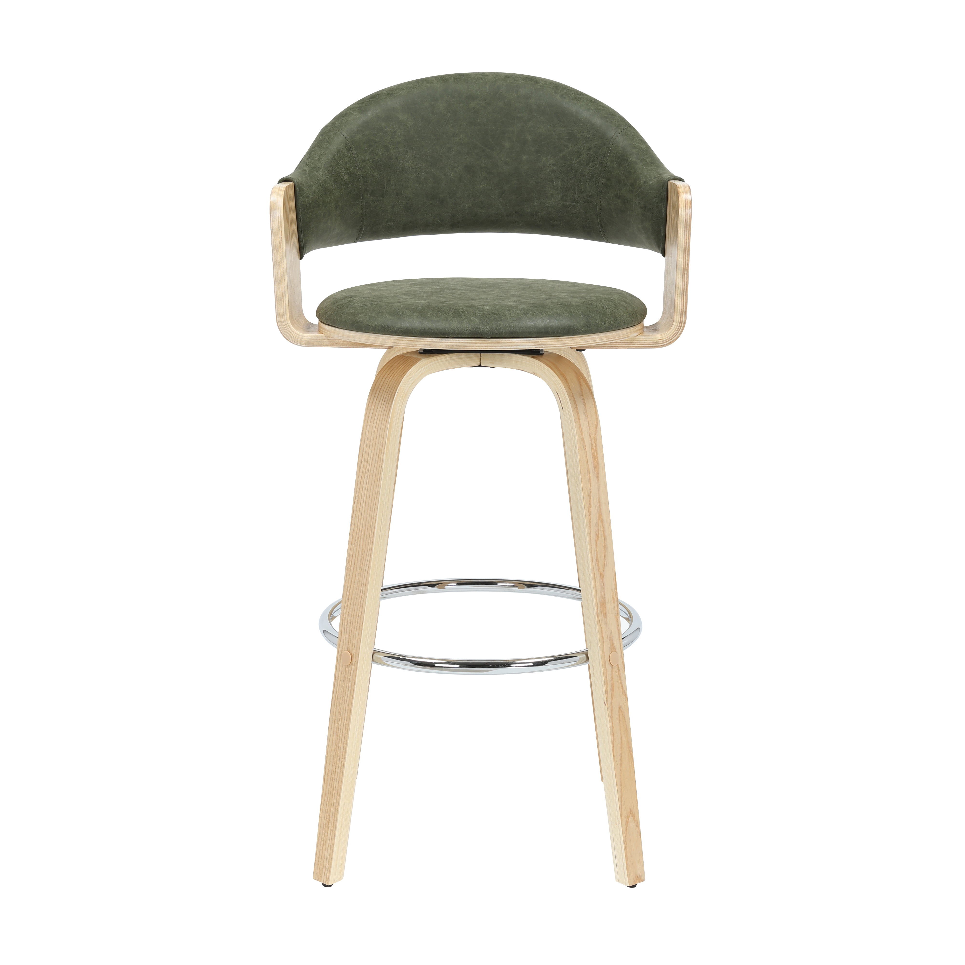 Daxton 40 in. H Swivel Bar Height Vintage Green Round Back Wood Bar Stool with Faux Leather Seat Set of 4