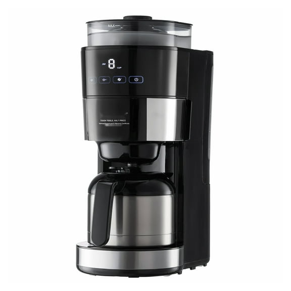 8-Cup Coffee Maker with Grinder, Drip Coffee Machine with 3 Brew Strength, Adjustable Grind Size, Compatible with Whole Bean & Ground Coffee