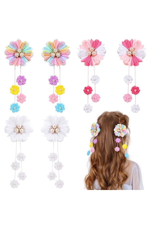6 Pcs Hair Bows, Flower Tassel Hair Alligator Clips for Girls, Colorful Floral Barrettes with Pearl Accents, Cute Hair Accessories for Kids (Colored, Pink, White)