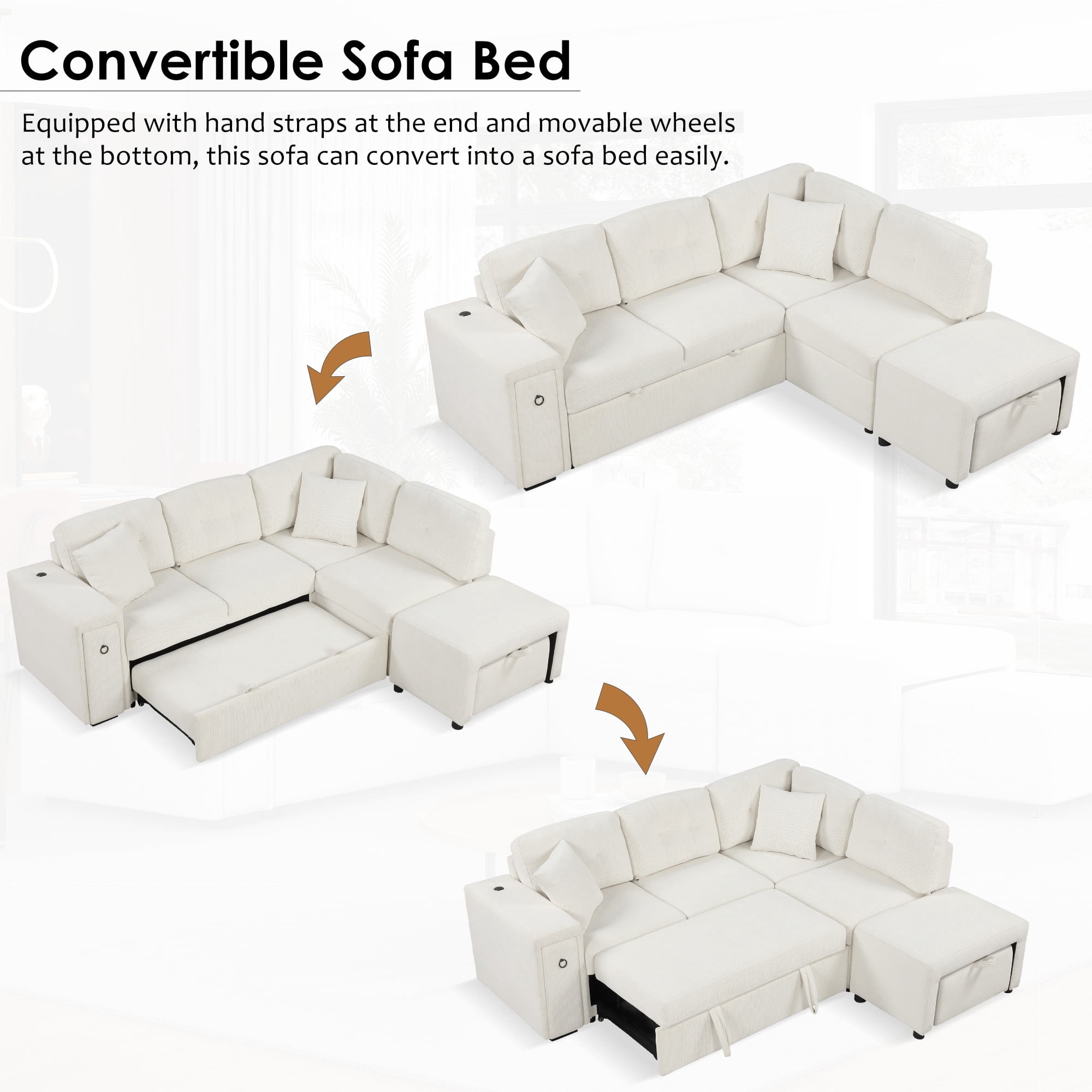 EUROCO Chenille Convertible L Shaped Sectional Couch,Modular Sectional Sleeper Sofa with Pull Out Couch Bed,1 Movable Ottoman,2 USB Ports and 2 Cup Holders for Living Room Apartment,86.6"×74"