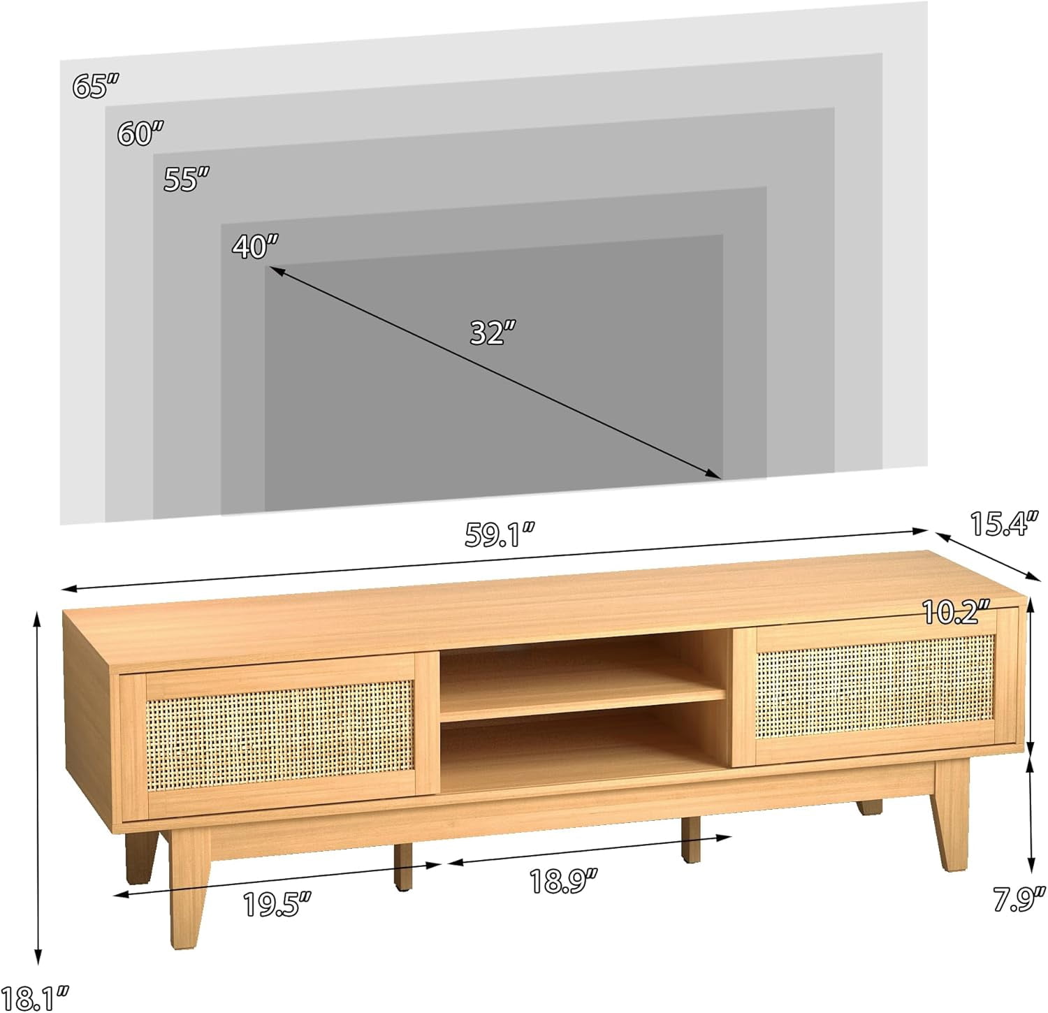 FANRAL Boho Farmhouse TV Stand for 65 Inch TV,Rattan Entertainment Center with Sliding Doors,Media Console with Adjustable Shelves & Cord Holes for Living Room,Natural Oak TV Stand