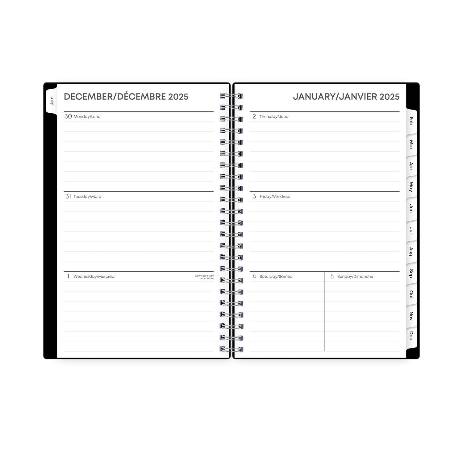 Agenda hebdomadaire/mensuel 2025, 5 po x 8 po, Blue Sky, noir uni
