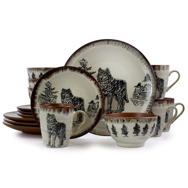 Elama Majestic Wolf 16-Piece Stoneware Dinnerware Set photo 1
