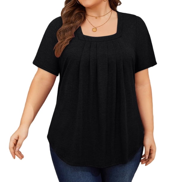 Tops de Talla Grande para Mujer, Corta, Cuello Cuadrado, Túnica Holgada de Verano para Leggings. Negro XL