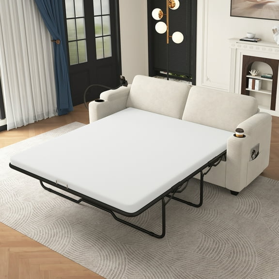 Euroco 72.8" Corduroy Sleeper Sofa Loveseat Sofa with Full Size Mattress, Two USB Ports, Two Cup Holders, Two Side Pockets and a Phone Holder for Living Room