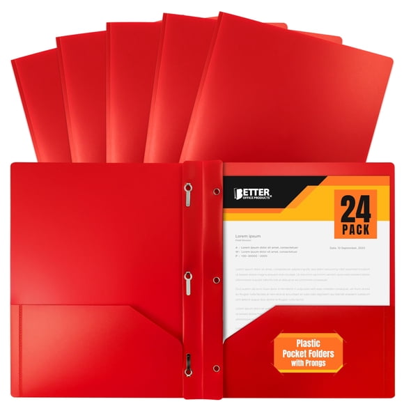 Better Office Products Red Plastic Folders with Pockets and Prongs, Letter Size, 24 Pack, Heavyweight Poly Prong Folders, Red Plastic with 3 Metal Fa