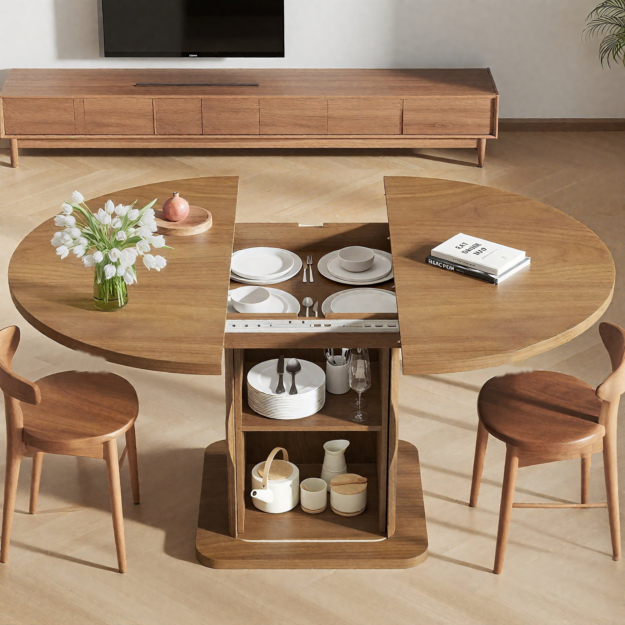 59 Inch Extendable Round Dining Table for 4-6, Kitchen Dining Table with Storage Shelf for Home Living Room, Walnut