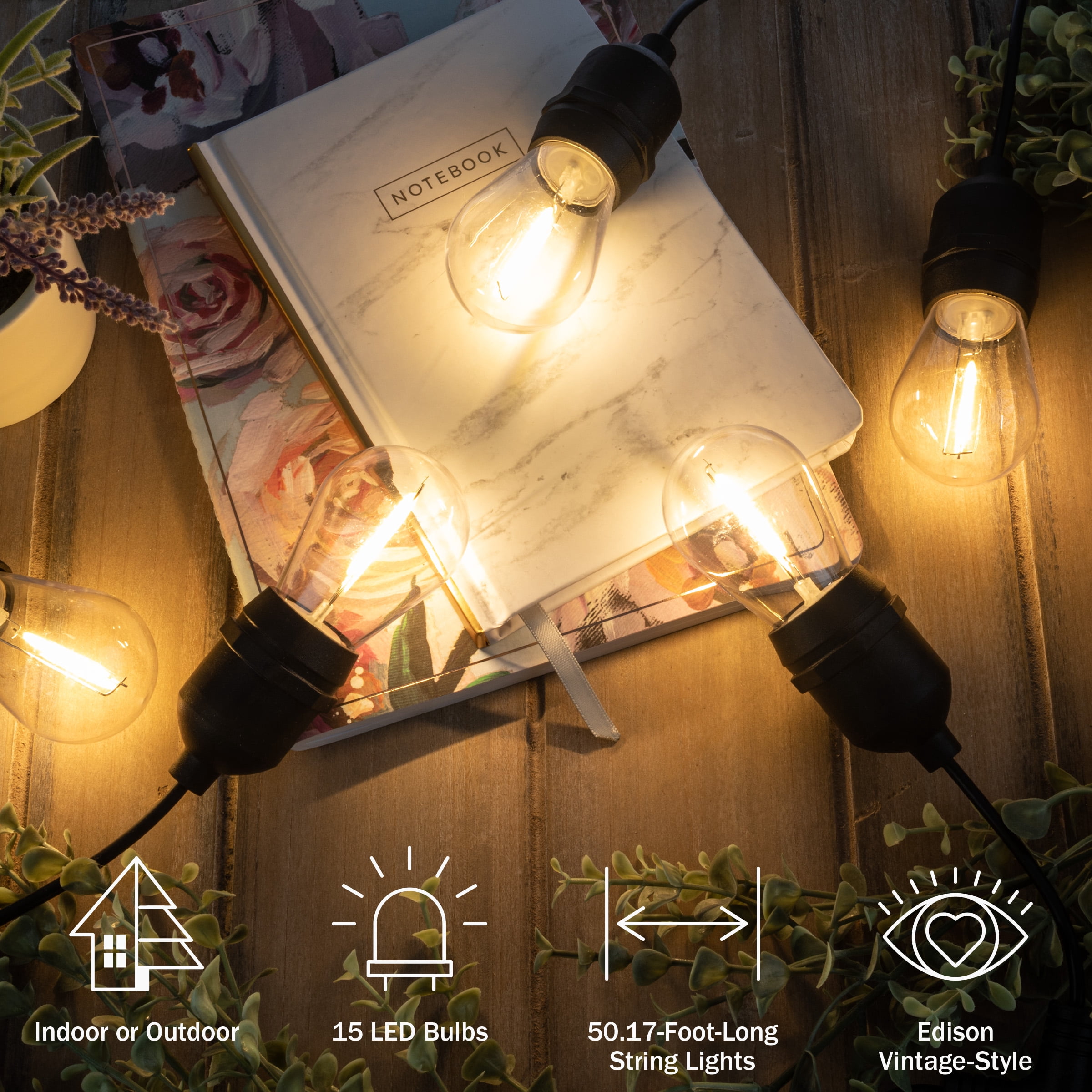 Pure Garden 50FT Outdoor String Lights with Vintage-Style LED Edison Bulbs