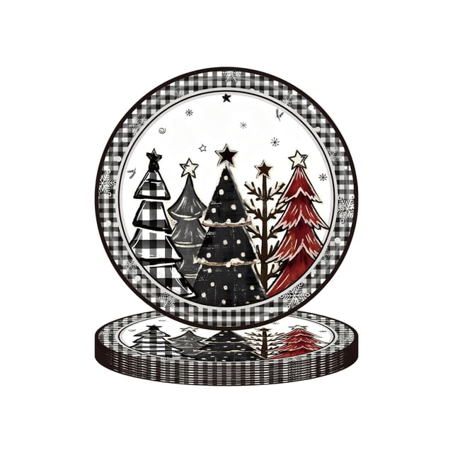 A Christmas Party Tableware Disposable Paper Plates Set Black White Checkered Christmas Tree Theme 7 Inch Plates 18X18Cm 7.09X7.09 Inches