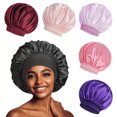 thumbnail image 2 of Extra Big Size Satin Silk Bonnet Cap with Frontal Wrap Wide Band Colorful Fade Print Soft Nightcap Hair Protection Sleep Cap LightPink 70, 2 of 6