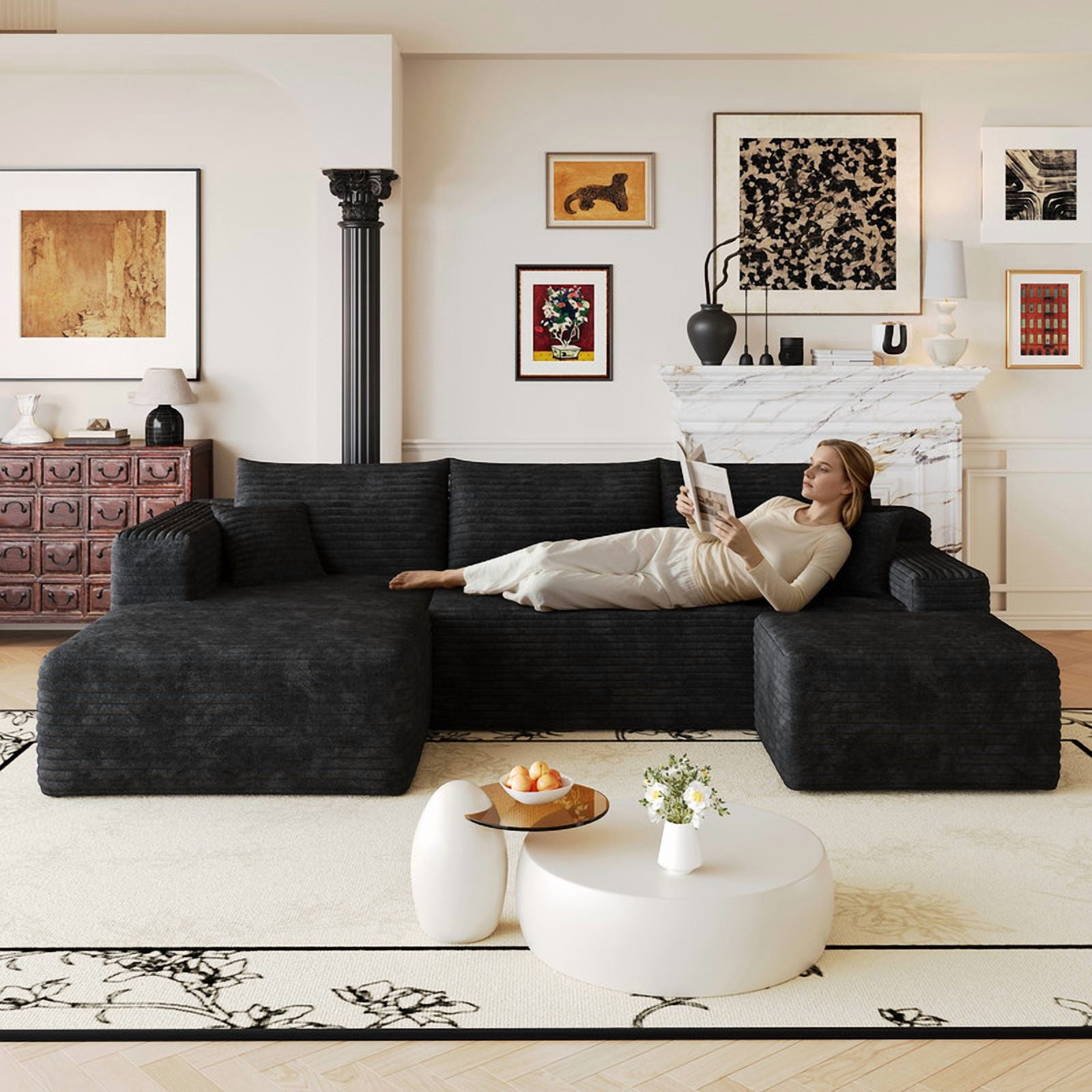 103" Cloud Sectional Sofa with Ottoman, Modern U-Shaped Modular Couch with Reversible Chaise Lounge, Plush Corduroy Upholstered Deep Seat Sofa for Living Room, Apartment, No Assembly Required