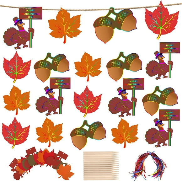 96 Pieces Thanksgiving Scratch Art Paper Colorful Magic Scratch Craft Kit for Thanksgiving Party DIY Craft Activities