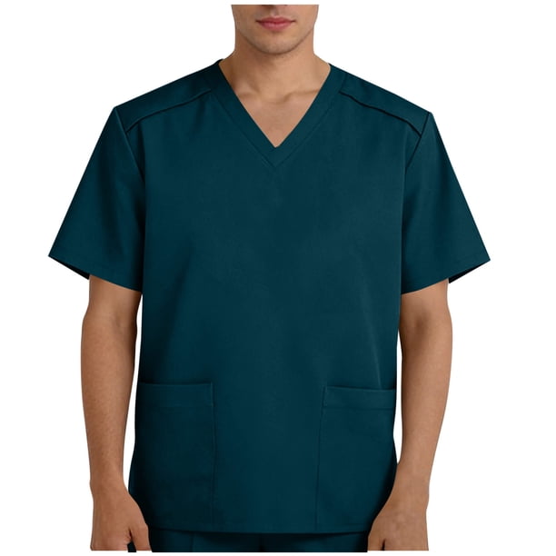 Camisetas de Verano para Hombre Manga Corta Suéter Cuello en V Camiseta de Bolsillo para el Uniforme Del Trabajador, Poliéster Suave Casual Top con Tela Transpirable para Diario