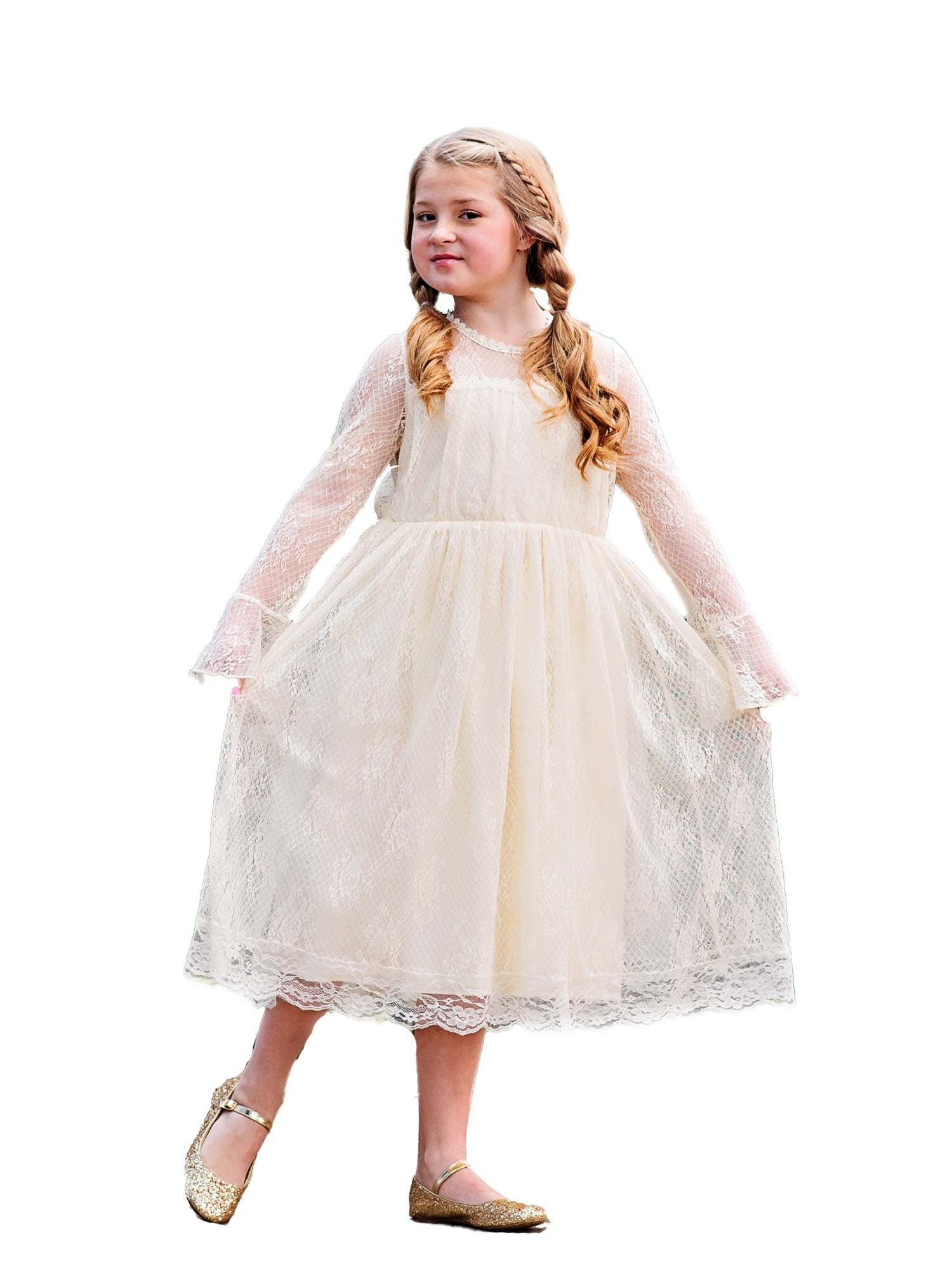 Just Couture Little Girls Ivory Lace Bell Sleeve Carmella Flower Girl