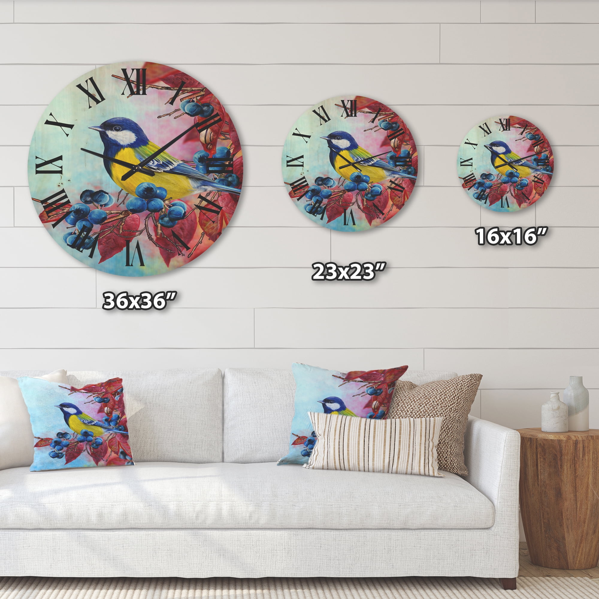 Designart 'Bright Bird Bullfinch Sitting On A Branch of Berries II' Traditional Wood Wall Clock