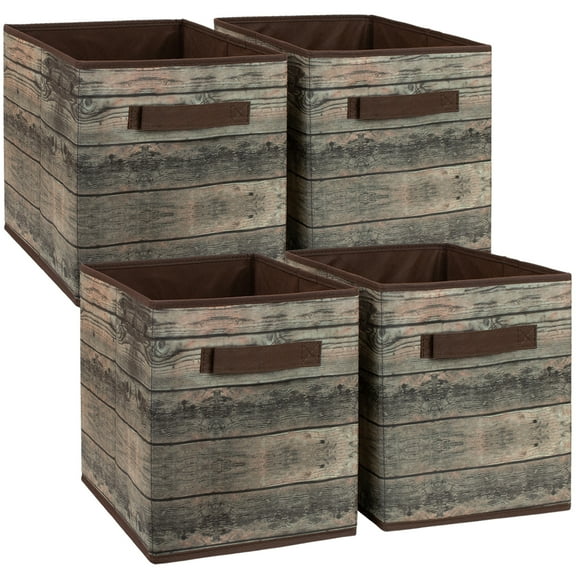 Sorbus Foldable Storage Bins - 11" Collapsible Wood-Look Fabric Cubes with Handle, 4-Pack for Clothes & Toys