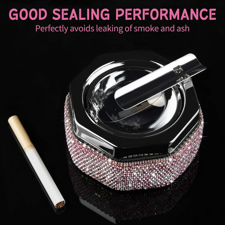 Ashtray,Stainless Steel Ashtray with Lid Bling Crystal Diamonds,Cigarette  Ashtray for Indoor or Outdoor Use,Ash Holder for Smokers,Desktop Smoking  Ash Tray for Home Office,Polyhedron - Pink 
