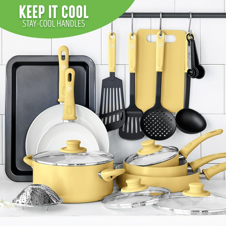 GreenLife 18-Piece Soft Grip Toxin-Free Healthy Ceramic Non-Stick Cookware  Set, Yellow, Dishwasher Safe 