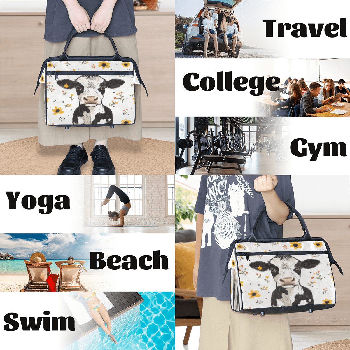 Herdesigns Cow Weekender Travel Duffel Bag Floral Cow Carry On Overnight Gym Hospital Bag Personal Item Travel Bag