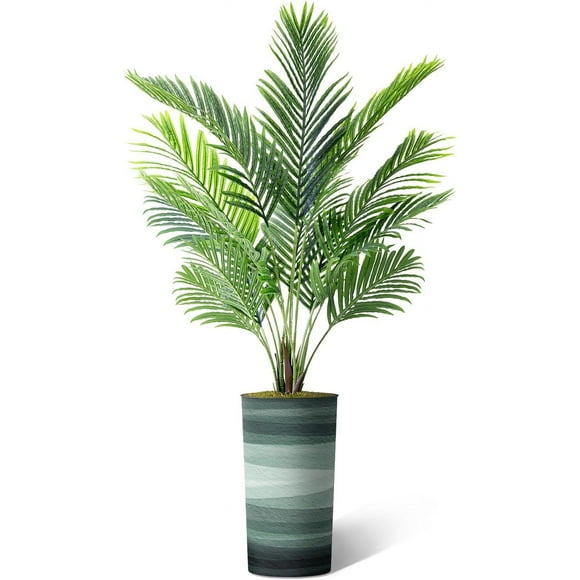 Artificial Tree in Earthy Green Stripe Planter, Fake Areca Tropical Palm Silk Tree for Indoor and Outdoor Home Decoration - 66" Overall Tall (Plant Plus Tree)