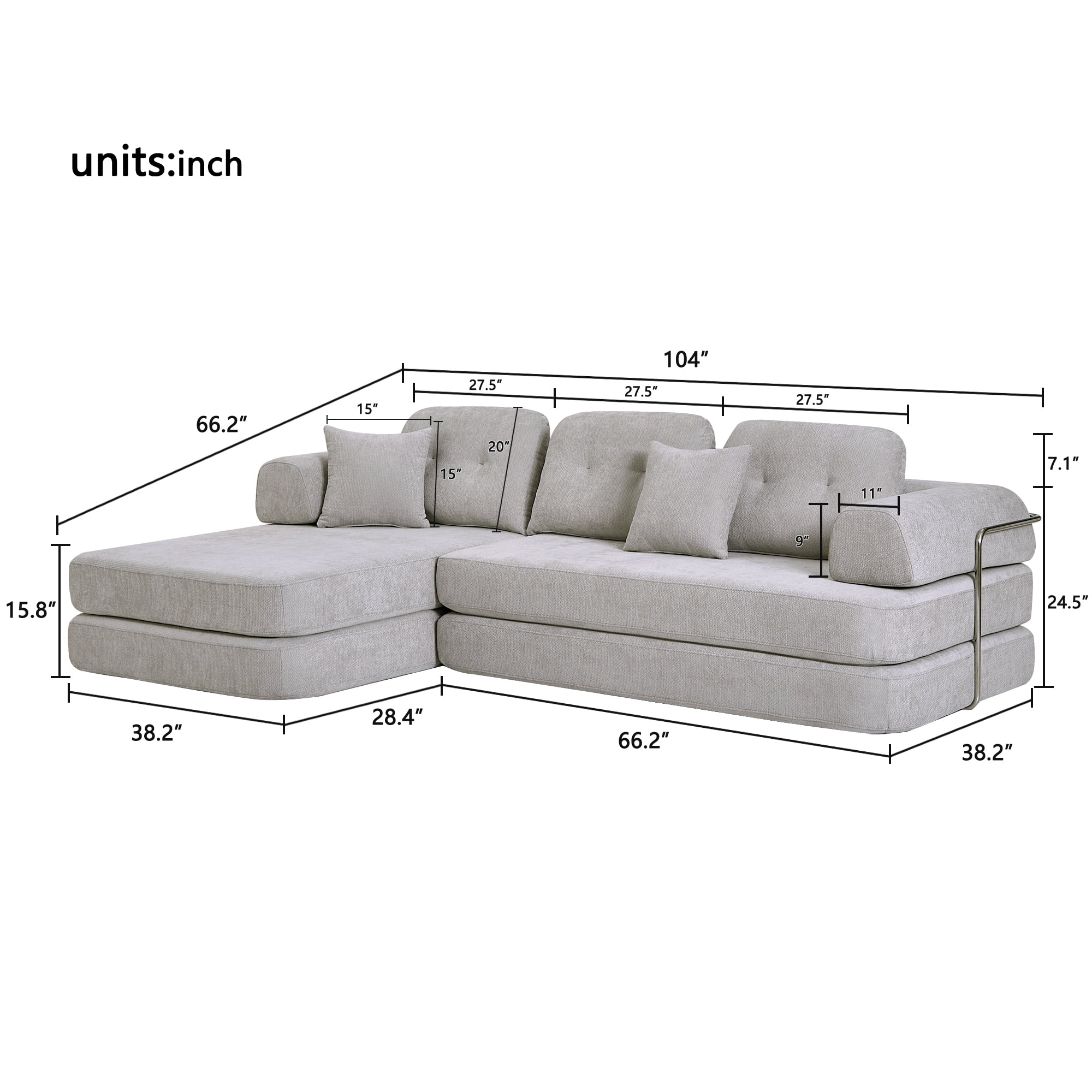 GARITIN Memory Foam, L-Shape Sectional Sofa, linen, Gray