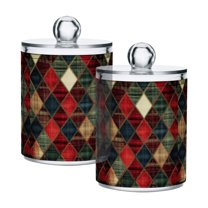 Yayeee 2 Pack Qtip Holder Bathroom Cotton Swab Canister with Lid Clear Dispenser Set, Dark Tartan Pattern