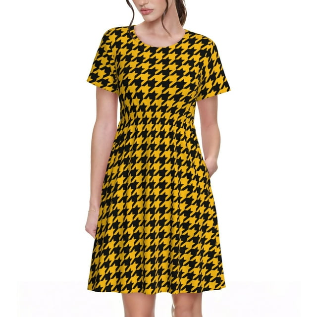 Fotbe Retro Yellow and Black Houndstooth Vestido Largo de Moda para Mujer, Vestido Tipo Camiseta con Manga Corta y Estilo Casual a Rayas y Bloques de Color