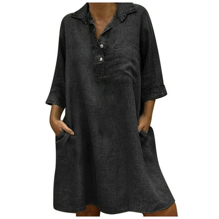Dadaria Winter Casual Dresses for Women 2022 Fashion Women Loose V-Neck Solid 3/4 Sleeve Cotton And Linen Dress Black M,Women