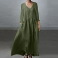 thumbnail image 2 of Jinhomg Women's Flowy Beach Dress Plus Size Casual Solid Cotton Linen Dresses Lightweight Comfy Long Sleeve V-Neck Maxi Dress Trendy Vacation Dresses Fall Saving Army Green L, 2 of 8